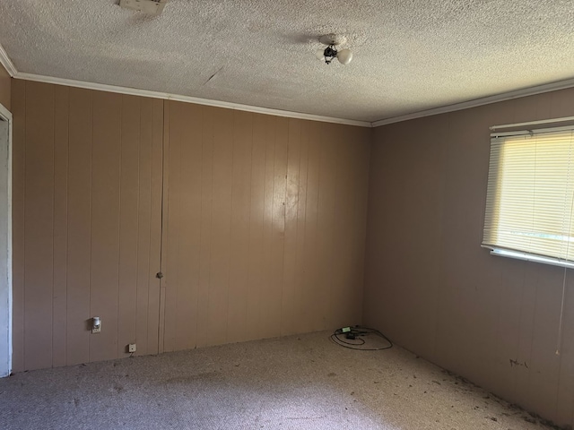 empty room with carpet flooring, a textured ceiling, and wooden walls