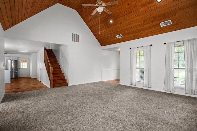 463 Allen Dr, Pollok, TX 75969 - unfurnished living room with carpet, high vaulted ceiling, stairs, a ceiling fan, and healthy amount of natural light