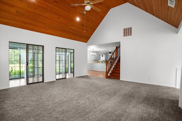 463 Allen Dr, Pollok, TX 75969 - unfurnished living room featuring high vaulted ceiling, wooden ceiling, ceiling fan, stairway, and a chandelier