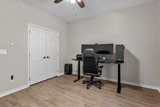 office area featuring ceiling fan and light hardwood / wood-style flooring