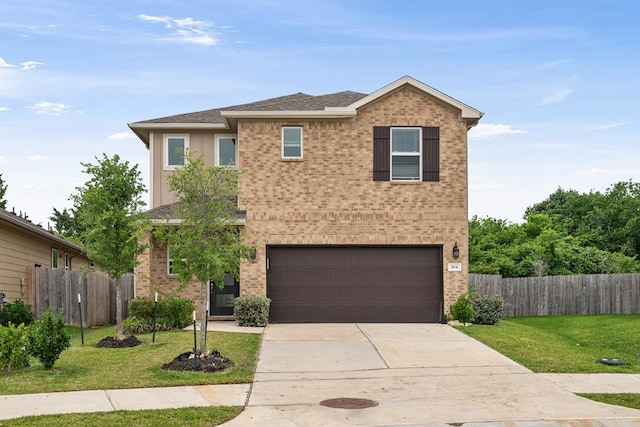 traditional home with brick siding, fence, and a garage