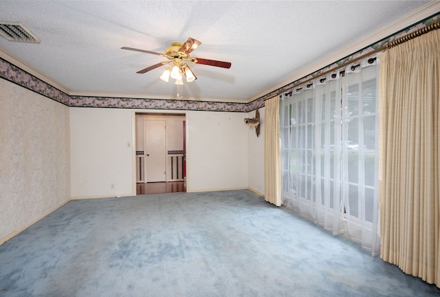 spare room featuring ceiling fan, carpet floors, and a textured ceiling