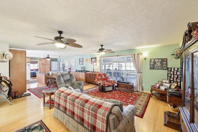 living area featuring light wood-style flooring and a textured ceiling