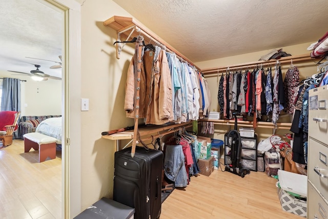 walk in closet featuring ceiling fan and wood finished floors