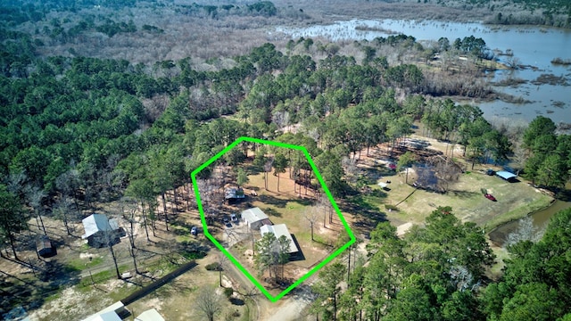 bird's eye view with a water view and a wooded view