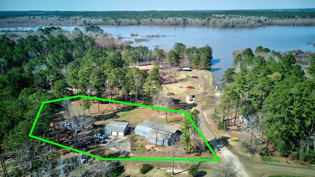 aerial view with a water view and a wooded view