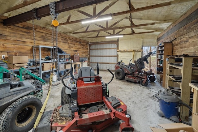 garage with wood walls