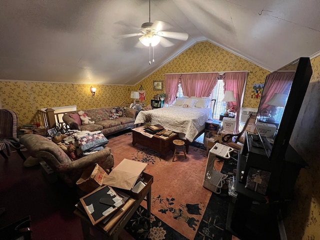 bedroom featuring ceiling fan, carpet, ornamental molding, and lofted ceiling