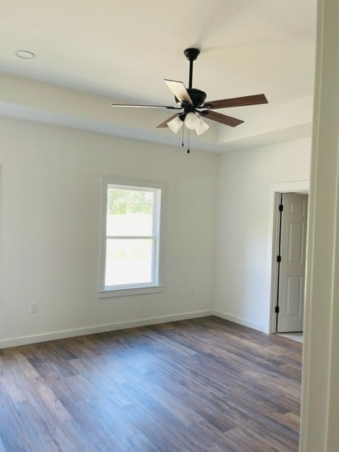 unfurnished room featuring ceiling fan and wood-type flooring