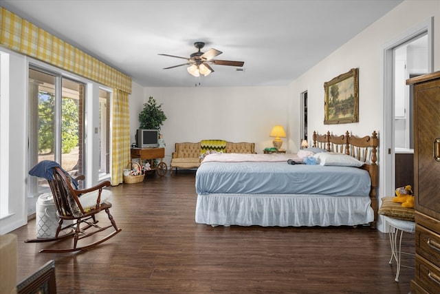 bedroom with access to exterior, ceiling fan, and dark hardwood / wood-style floors