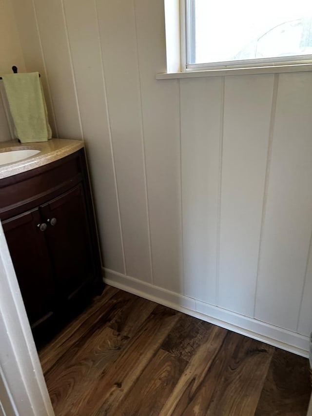 bathroom featuring hardwood / wood-style flooring, vanity, and a wealth of natural light