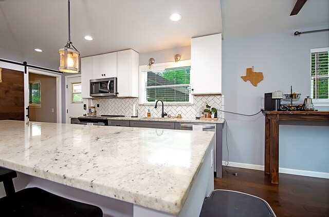 kitchen with appliances with stainless steel finishes, dark hardwood / wood-style flooring, a barn door, decorative light fixtures, and white cabinets