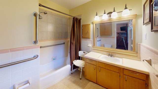 full bathroom featuring shower / tub combo, toilet, tile walls, and tile patterned floors