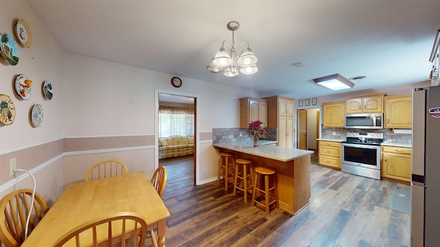 kitchen with kitchen peninsula, appliances with stainless steel finishes, dark hardwood / wood-style floors, and tasteful backsplash