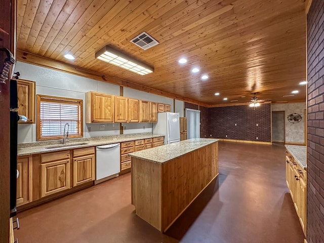 kitchen featuring sink, wooden ceiling, brick wall, white appliances, and a kitchen island