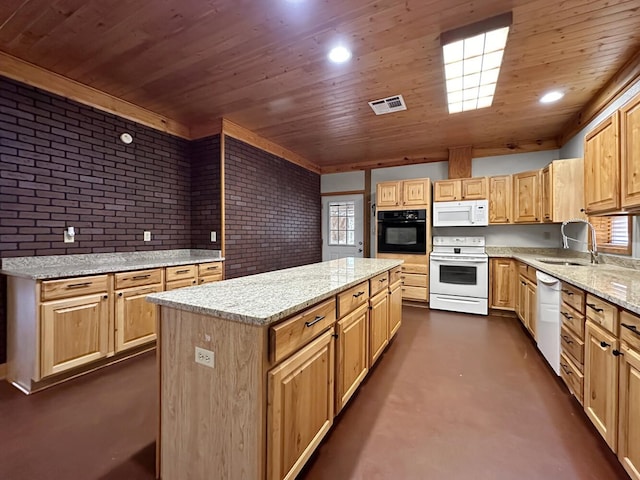 kitchen featuring a center island, sink, wooden ceiling, brick wall, and white appliances