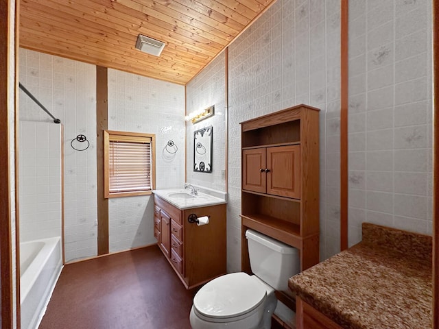 full bathroom featuring wood ceiling, vanity, shower / washtub combination, tile walls, and toilet