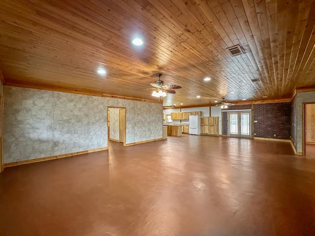 unfurnished living room featuring ceiling fan, wooden ceiling, french doors, and concrete flooring