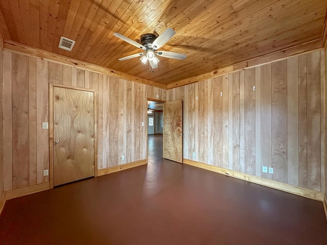 spare room with ceiling fan, wood walls, and wood ceiling