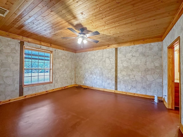 spare room with ceiling fan and wooden ceiling