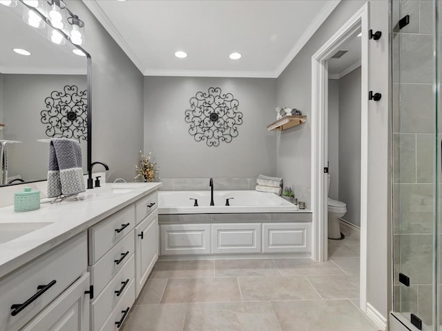 full bathroom with tile patterned flooring, crown molding, toilet, vanity, and shower with separate bathtub