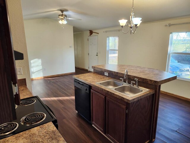 kitchen with black dishwasher, a center island with sink, dark hardwood / wood-style floors, and a healthy amount of sunlight