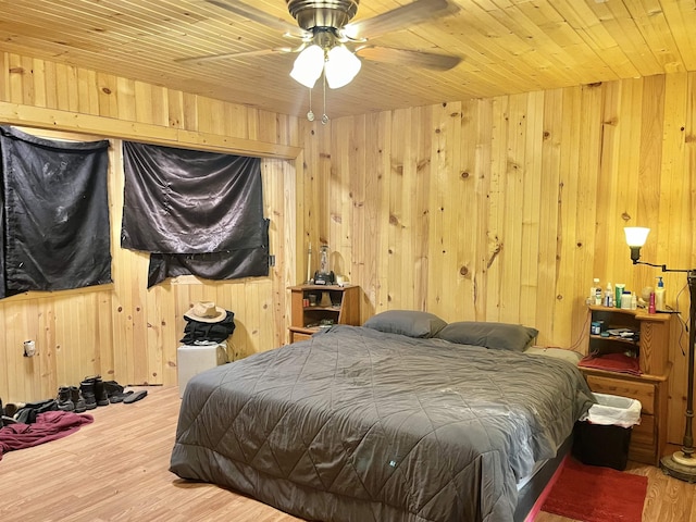 bedroom with wood walls, wood finished floors, and wood ceiling