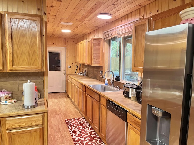 kitchen with sink, wooden ceiling, light hardwood / wood-style floors, wooden walls, and appliances with stainless steel finishes