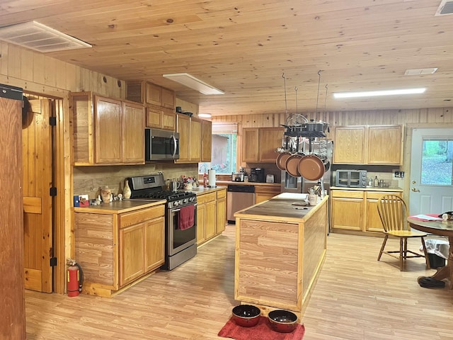 kitchen with light wood-style flooring, appliances with stainless steel finishes, wood ceiling, wood walls, and a kitchen island