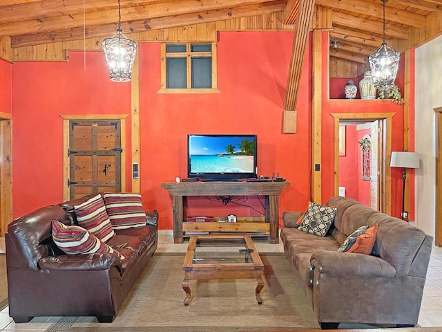 tiled living room featuring wood ceiling, a notable chandelier, beam ceiling, and high vaulted ceiling