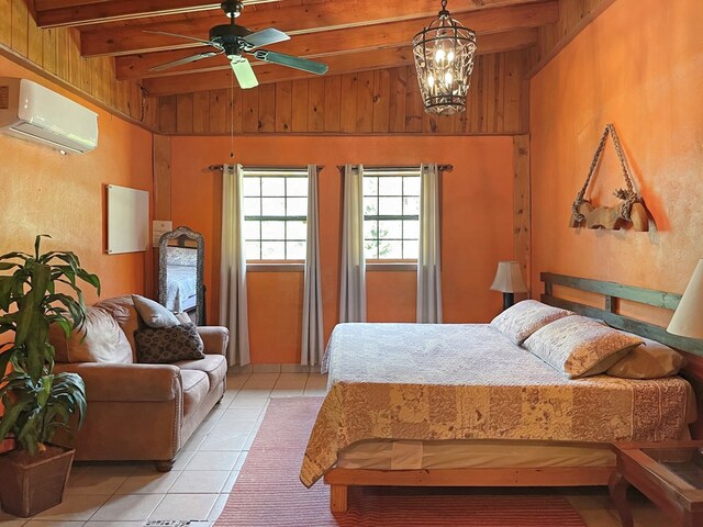 bedroom with lofted ceiling with beams, light tile patterned flooring, an inviting chandelier, wood walls, and a wall unit AC