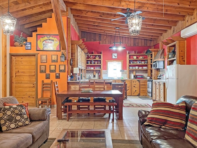 living area with a wall unit AC, vaulted ceiling with beams, ceiling fan, wood ceiling, and light tile patterned floors