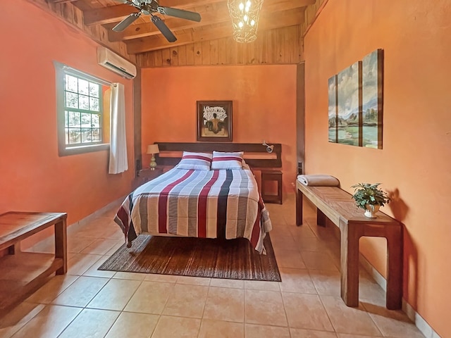 tiled bedroom with vaulted ceiling with beams, wooden ceiling, a wall mounted AC, and a ceiling fan