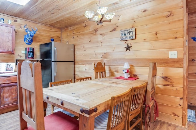 dining room with wood ceiling, wooden walls, and light hardwood / wood-style floors