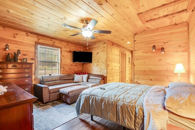 bedroom featuring ceiling fan, wood-type flooring, wood walls, and wooden ceiling