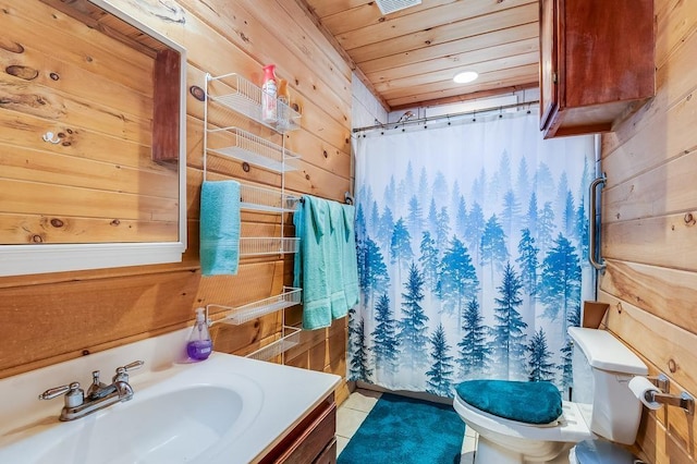 bathroom featuring tile patterned flooring, wood walls, toilet, and wood ceiling