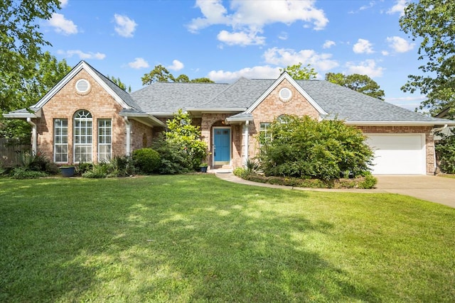 view of front facade with a garage and a front lawn