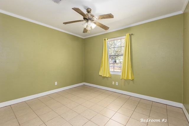 empty room with crown molding, ceiling fan, and light tile patterned floors