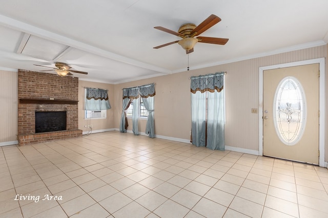 1407 Fairchild Dr, Diboll, TX 75941 - unfurnished living room featuring ceiling fan, crown molding, light tile patterned floors, and a brick fireplace