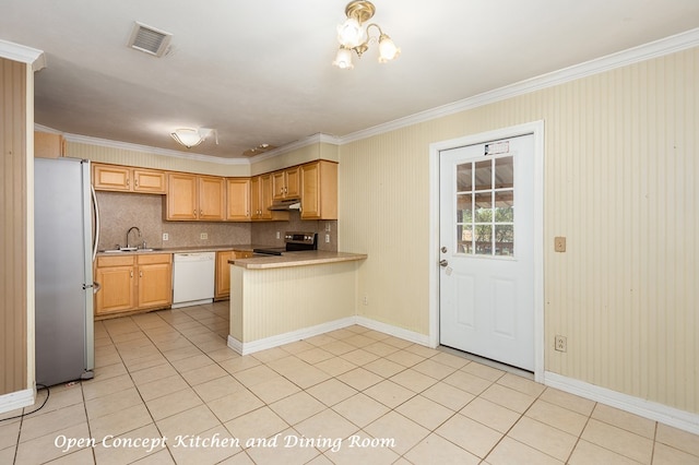 kitchen featuring kitchen peninsula, crown molding, sink, and stainless steel appliances