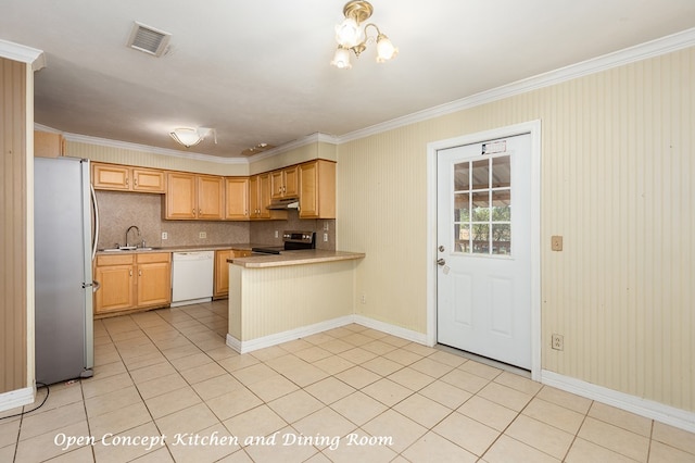 1407 Fairchild Dr, Diboll, TX 75941 - kitchen with appliances with stainless steel finishes, crown molding, under cabinet range hood, a peninsula, and light countertops