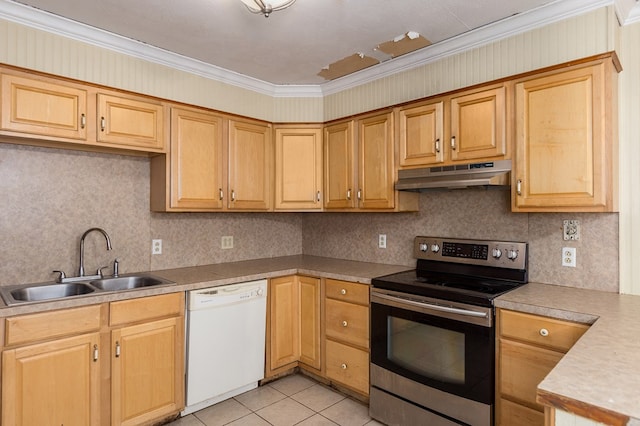 1407 Fairchild Dr, Diboll, TX 75941 - kitchen with dishwasher, electric range, under cabinet range hood, crown molding, and light tile patterned floors