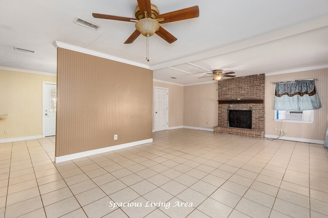 1407 Fairchild Dr, Diboll, TX 75941 - unfurnished living room with ceiling fan, light tile patterned floors, crown molding, a fireplace, and cooling unit