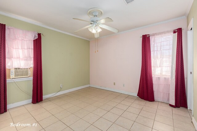 spare room with ceiling fan, cooling unit, light tile patterned floors, and crown molding