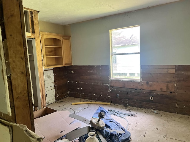 kitchen with wood walls