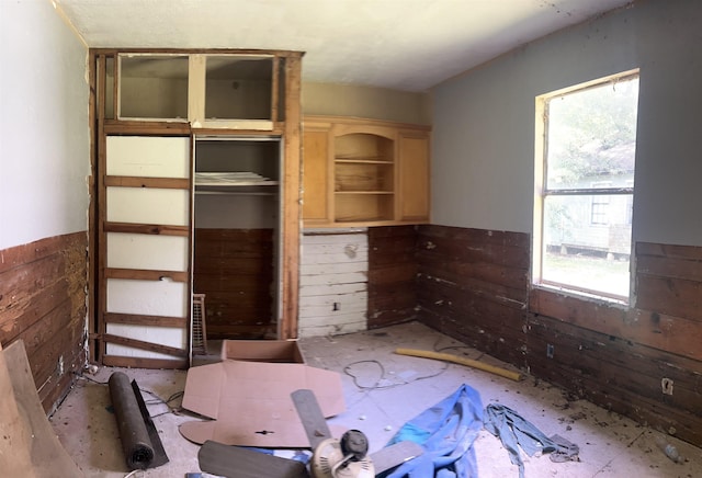 interior space with a closet, multiple windows, and wooden walls