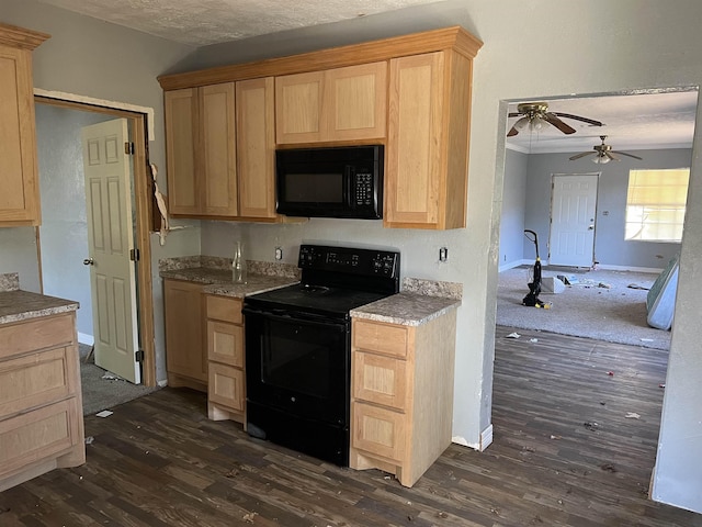 kitchen featuring dark carpet, a textured ceiling, ceiling fan, black appliances, and light brown cabinets