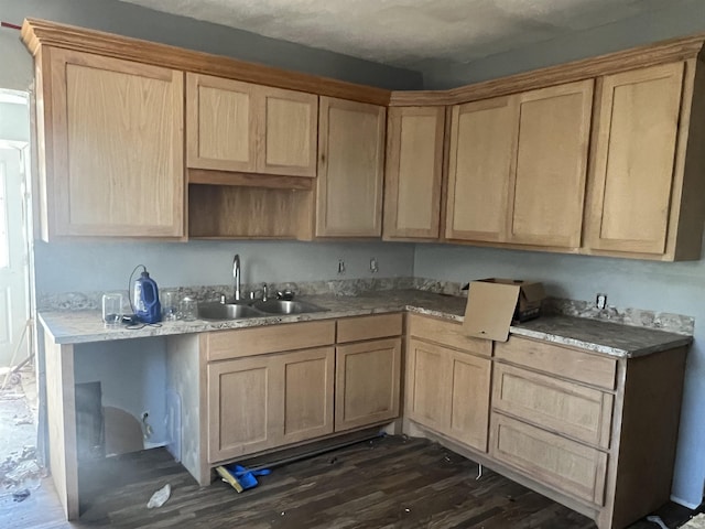 kitchen with light brown cabinets, dark hardwood / wood-style flooring, and sink