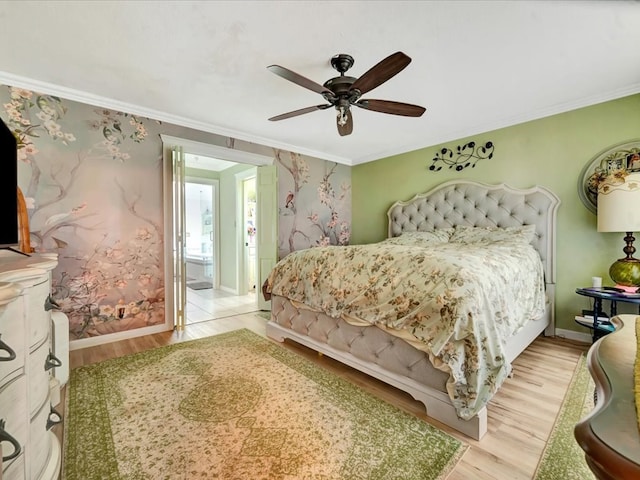1145 State Highway 21e, San Augustine, TX 75972 - bedroom with wallpapered walls, light wood-style floors, and ornamental molding