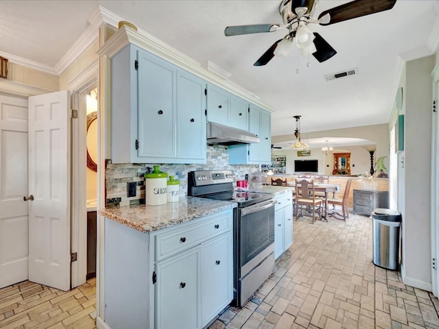 1145 State Highway 21e, San Augustine, TX 75972 - kitchen featuring decorative backsplash, stainless steel electric stove, under cabinet range hood, and visible vents